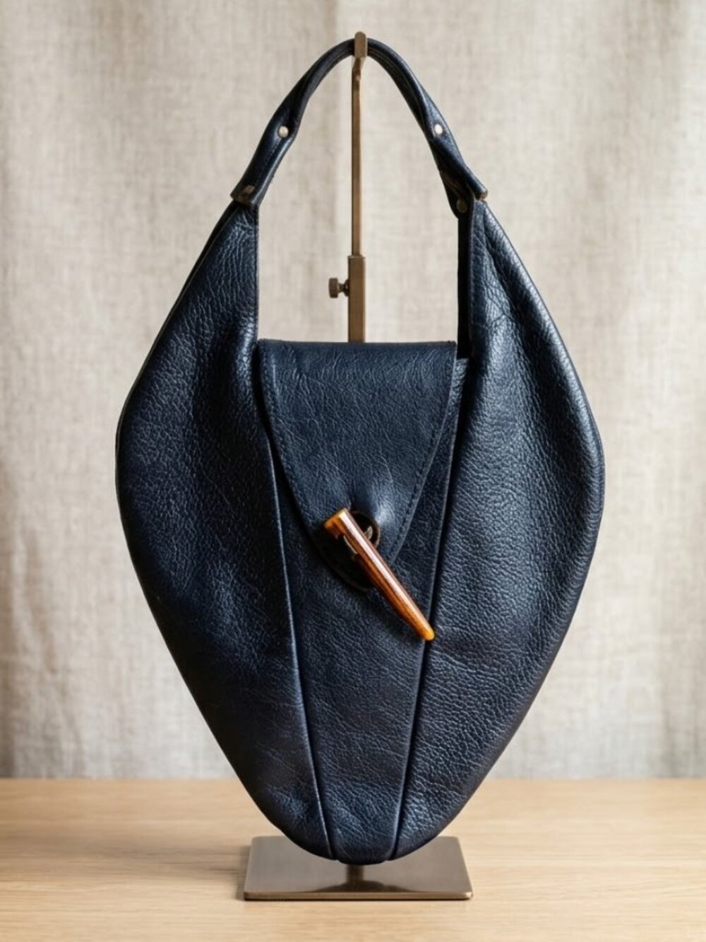 Vintage Sculptural Navy Leather Handmade Bag Genuine Bakelite Horn Toggle